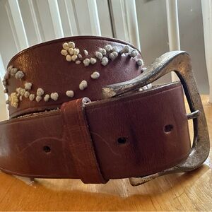 Vintage GAP Chunky Brown Leather Belt with Silver Buckle Floral Western Boho
